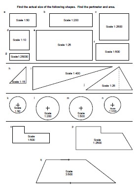 Calculate the area and perimeter of various shapes using scale drawings